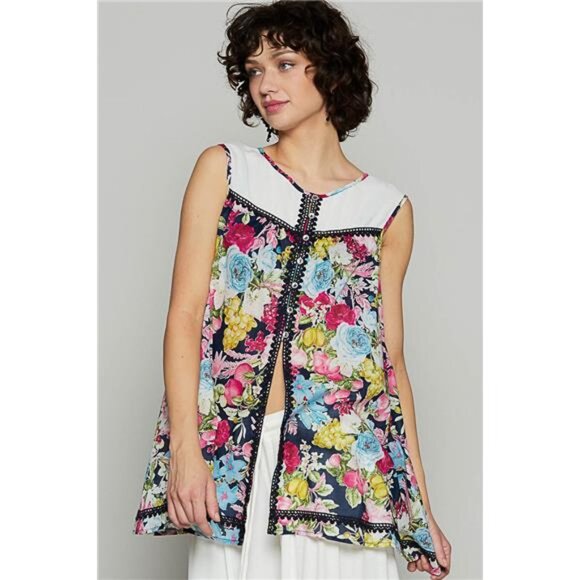 POL Lace Detail Floral Print Sleeveless Blouse - Picture 1 of 5